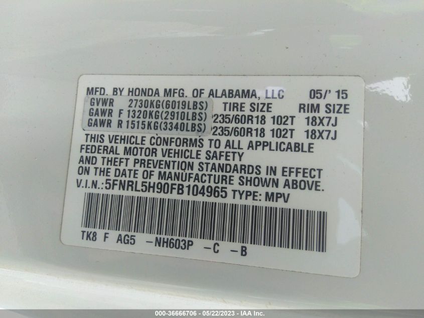 2015 HONDA ODYSSEY TOURING - 5FNRL5H90FB104965