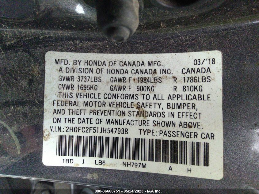 2018 HONDA CIVIC LX - 2HGFC2F51JH547938
