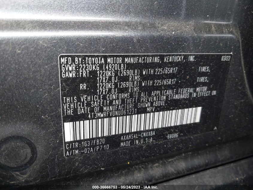 2022 TOYOTA RAV4 HYBRID LE - 4T3MWRFV0NU061231