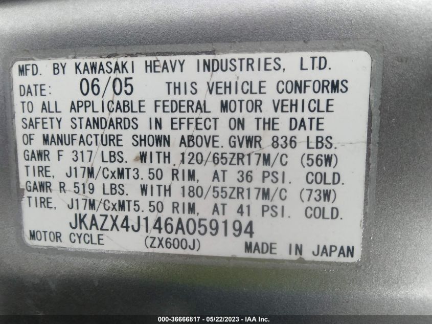 2006 KAWASAKI ZX600 J1 JKAZX4J146A059194
