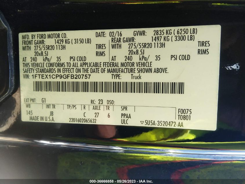 2016 FORD F-150 XL/LARIAT/XLT - 1FTEX1CP9GFB20757