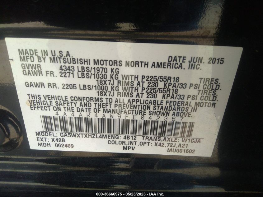 2015 MITSUBISHI OUTLANDER SPORT 2.4 GT - 4A4AR4AW9FE042367