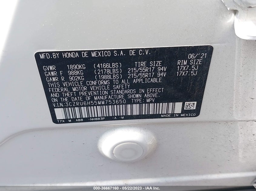 VIN 3CZRU6H55MM753650 2021 HONDA HR-V EX