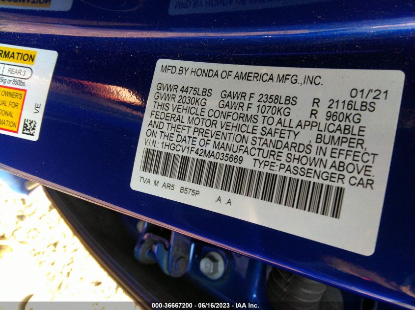 2021 HONDA ACCORD SEDAN SPORT SE - 1HGCV1F42MA035669