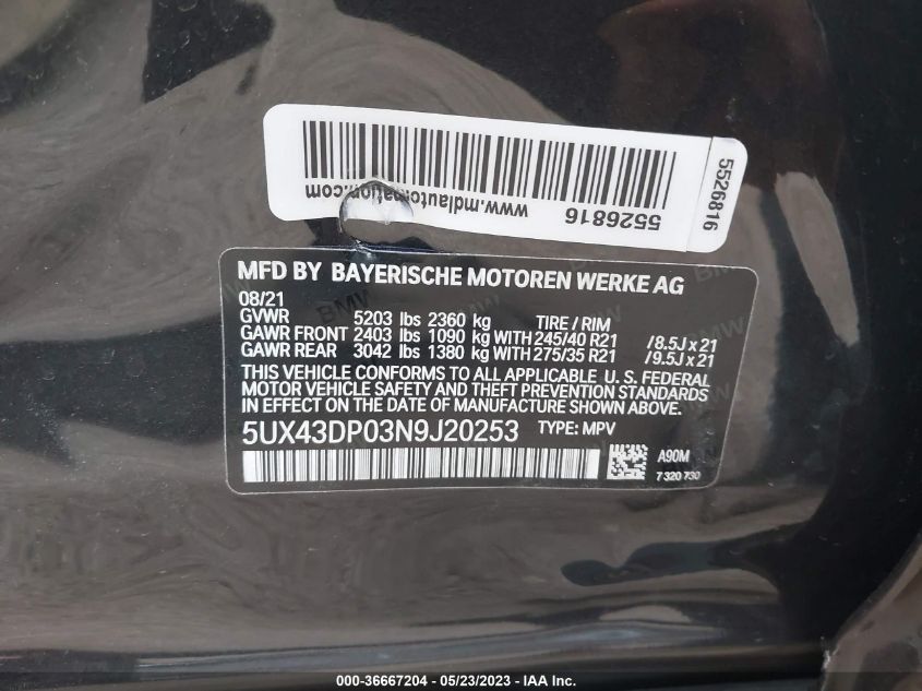 2022 BMW X3 SDRIVE30I - 5UX43DP03N9J20253