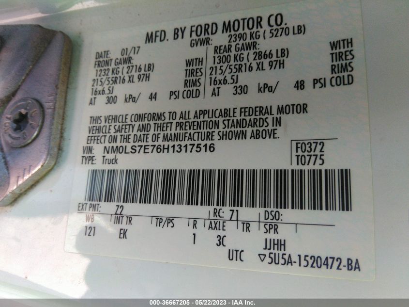 2017 FORD TRANSIT CONNECT VAN XL - NM0LS7E76H1317516