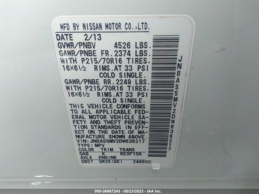 2013 NISSAN ROGUE S - JN8AS5MV2DW636217