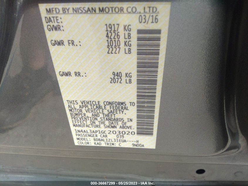 2016 NISSAN ALTIMA 2.5 SV - 1N4AL3AP1GC203020