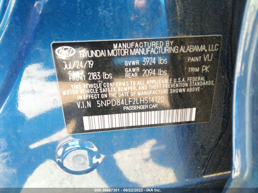 VIN 5NPD84LF2LH514120 2020 HYUNDAI ELANTRA SEL
