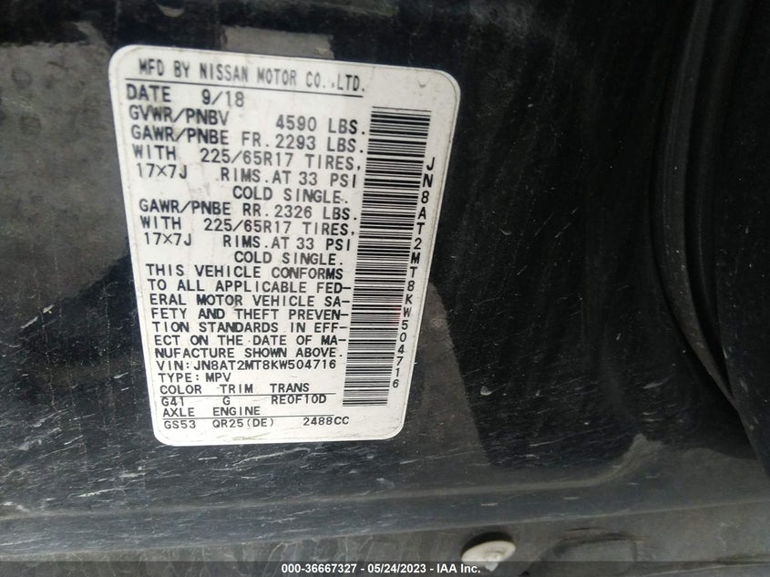 VIN JN8AT2MT8KW504716 2019 NISSAN ROGUE S