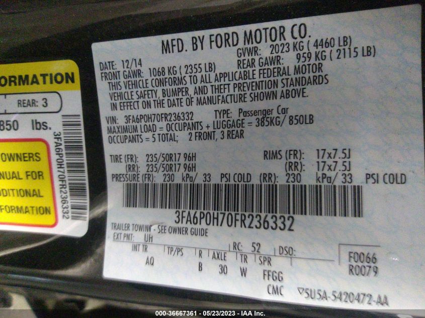 2015 FORD FUSION SE - 3FA6P0H70FR236332