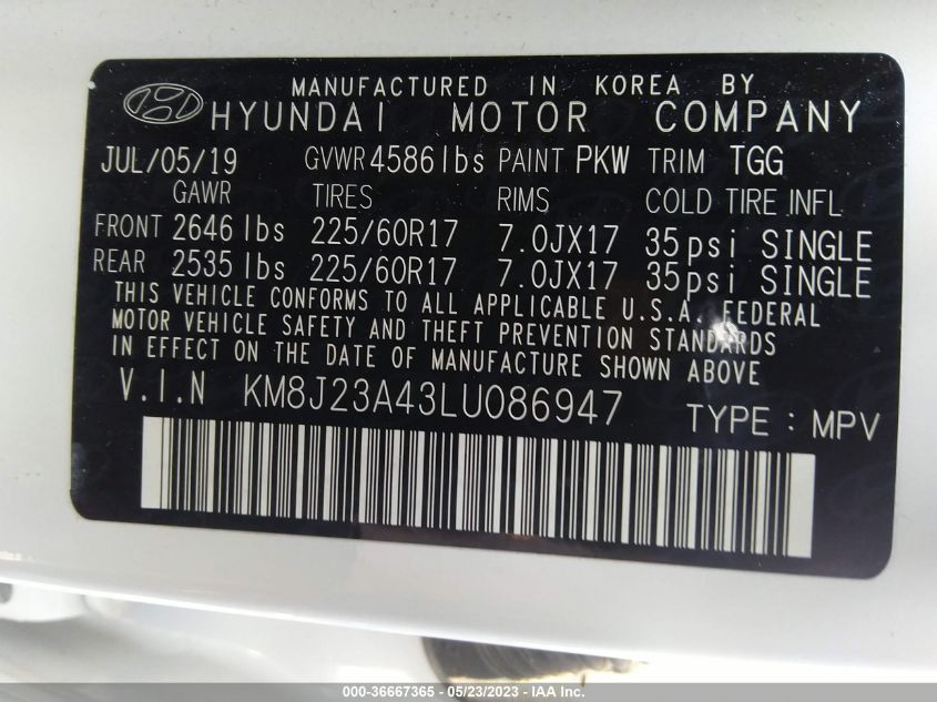 2020 HYUNDAI TUCSON SE - KM8J23A43LU086947