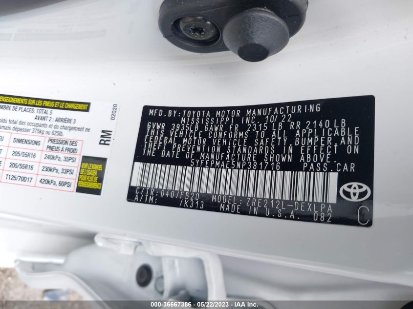 2022 TOYOTA COROLLA LE - 5YFEPMAE5NP381716