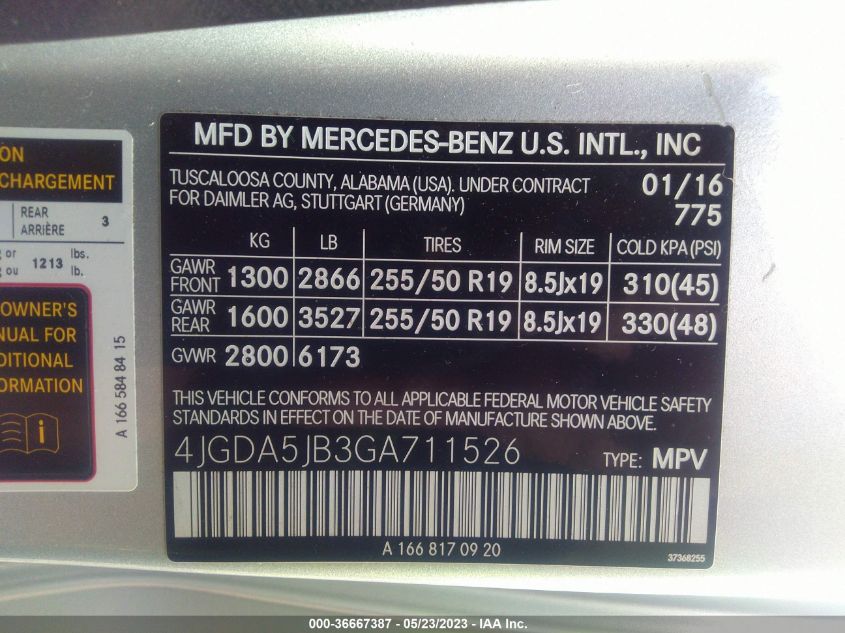 2016 MERCEDES-BENZ GLE GLE 350 - 4JGDA5JB3GA711526