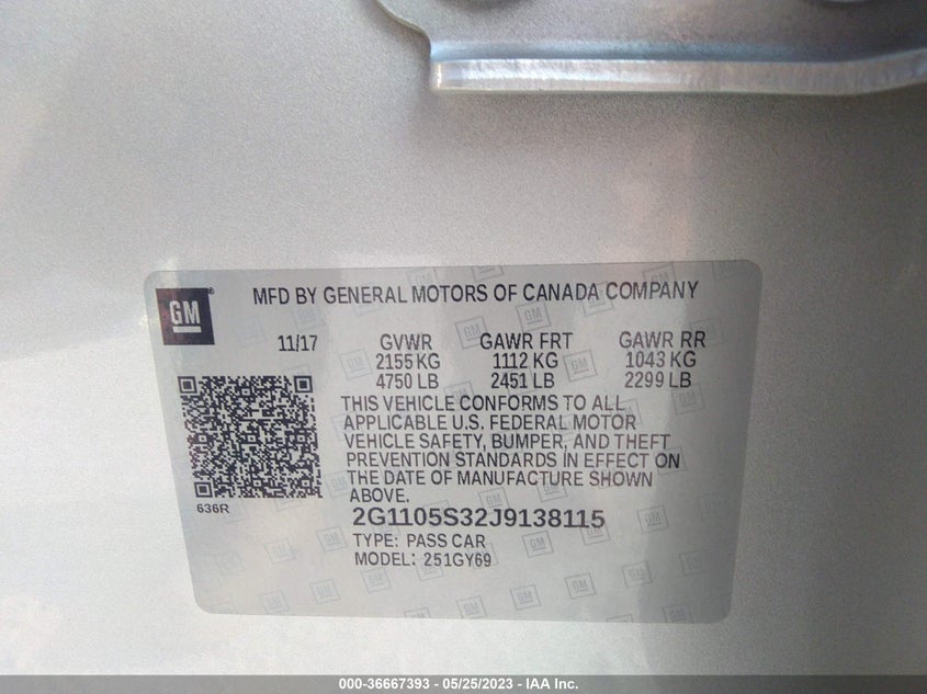VIN 2G1105S32J9138115 2018 CHEVROLET IMPALA LT