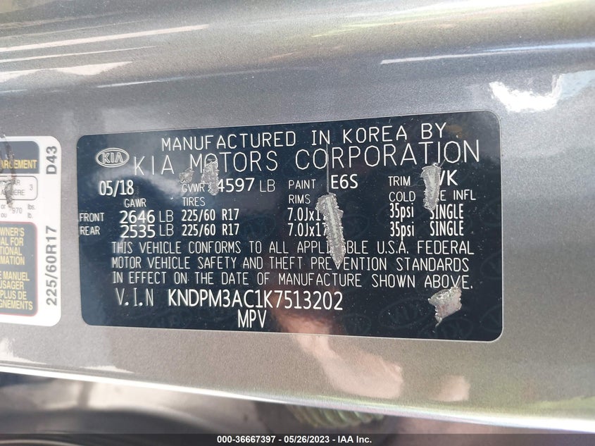 VIN KNDPM3AC1K7513202 2019 KIA SPORTAGE LX