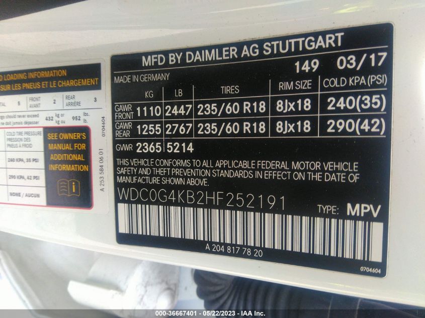 2017 MERCEDES-BENZ GLC GLC 300 - WDC0G4KB2HF252191