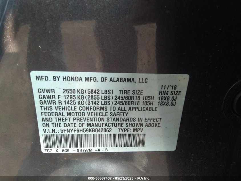 2019 HONDA PILOT EX-L - 5FNYF6H59KB042062