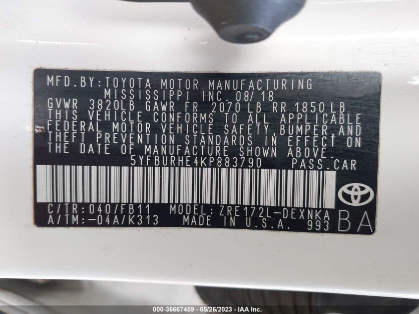 2019 TOYOTA COROLLA L/LE/SE/XLE/XSE - 5YFBURHE4KP883790