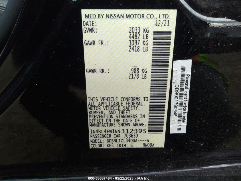 2022 NISSAN ALTIMA 2.5 SL - 1N4BL4EW1NN312395
