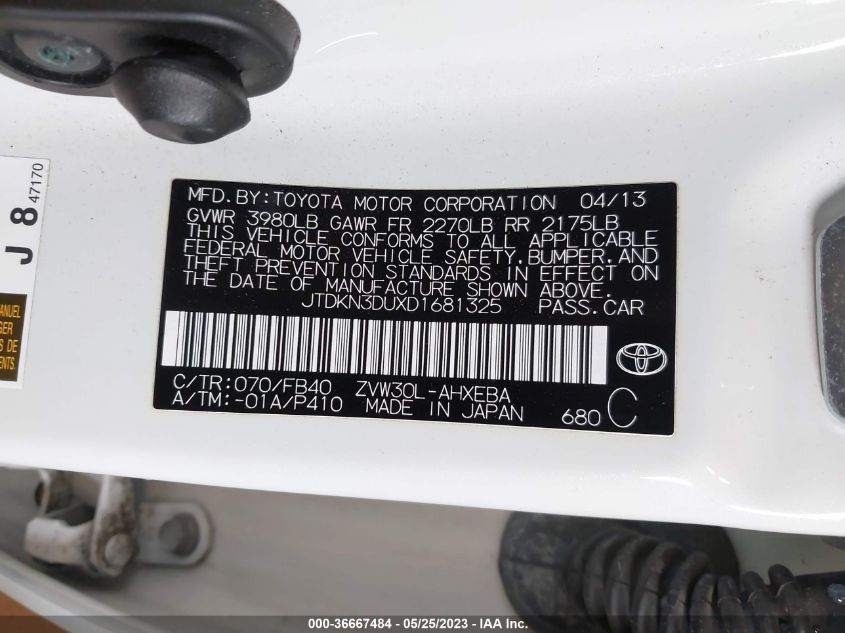 2013 TOYOTA PRIUS ONE/TWO/THREE/FOUR/FIVE - JTDKN3DUXD1681325
