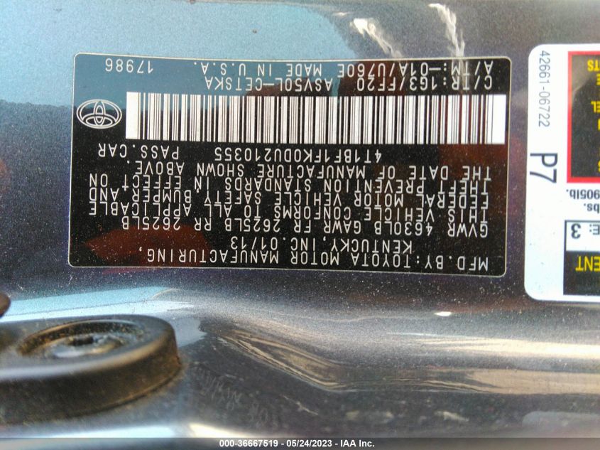2013 TOYOTA CAMRY L/LE/SE/XLE - 4T1BF1FK0DU210355