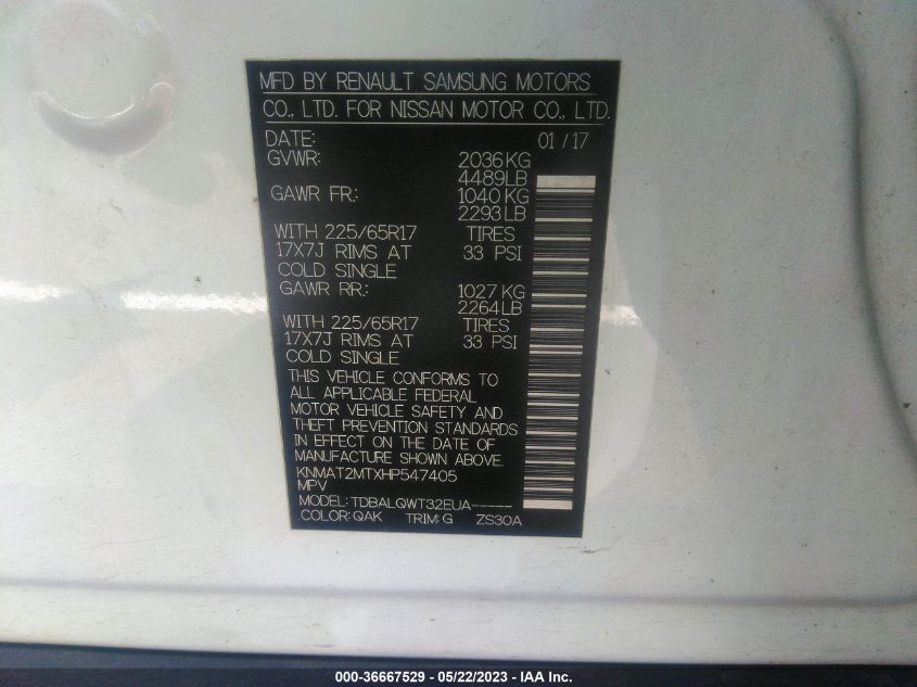 2017 NISSAN ROGUE SV - KNMAT2MTXHP547405