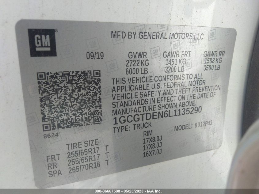 2020 CHEVROLET COLORADO 4WD Z71 - 1GCGTDEN6L1135290