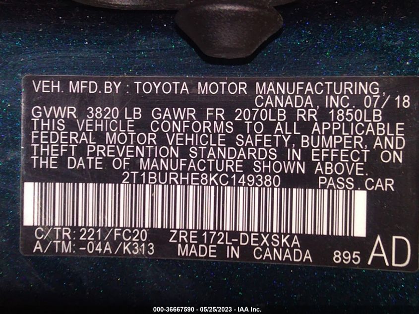2019 TOYOTA COROLLA L/LE/SE/XLE/XSE - 2T1BURHE8KC149380