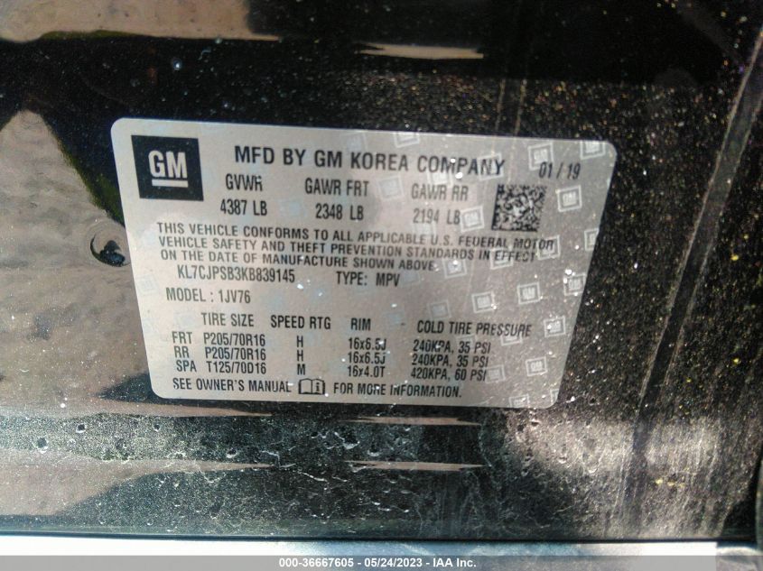 2019 CHEVROLET TRAX LT - KL7CJPSB3KB839145