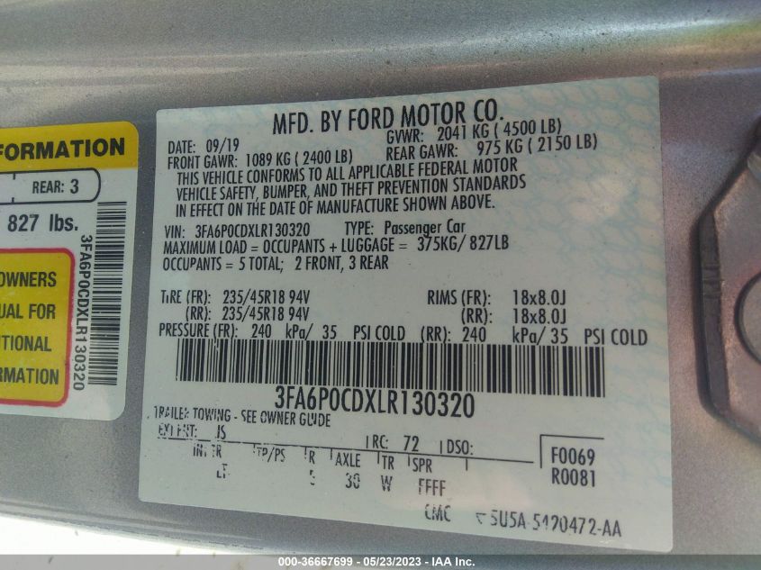 2020 FORD FUSION SEL - 3FA6P0CDXLR130320