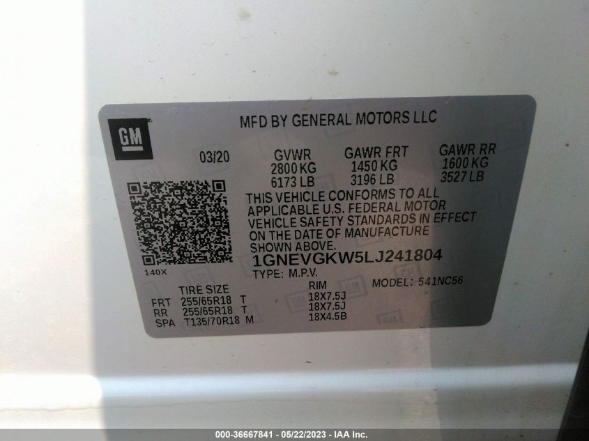 2020 CHEVROLET TRAVERSE LT CLOTH - 1GNEVGKW5LJ241804
