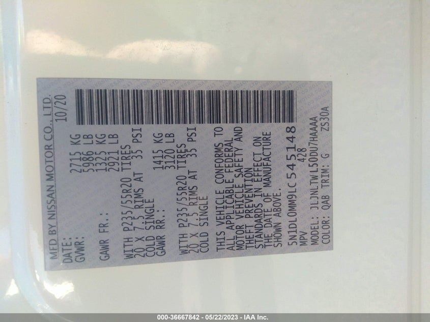 VIN 5N1DL0MM9LC545148 2020 INFINITI QX60 SIGNATURE EDITION