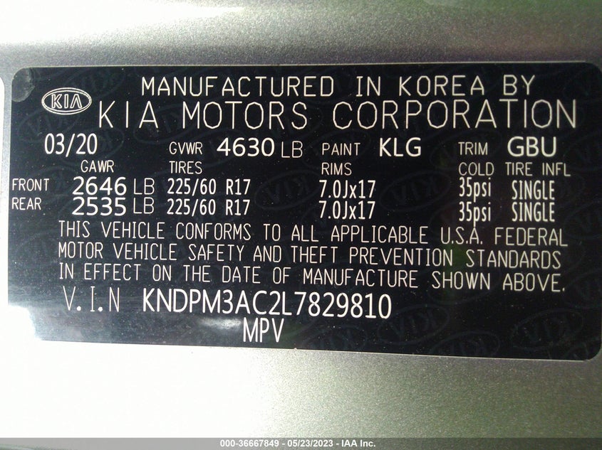 VIN KNDPM3AC2L7829810 2020 KIA SPORTAGE LX