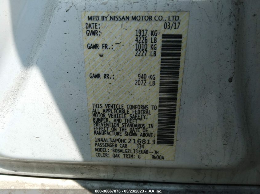 2017 NISSAN ALTIMA 2.5 S - 1N4AL3AP0HC216813