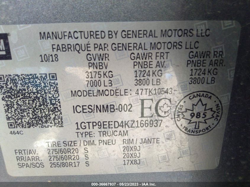 2019 GMC SIERRA 1500 AT4 - 1GTP9EED4KZ166937