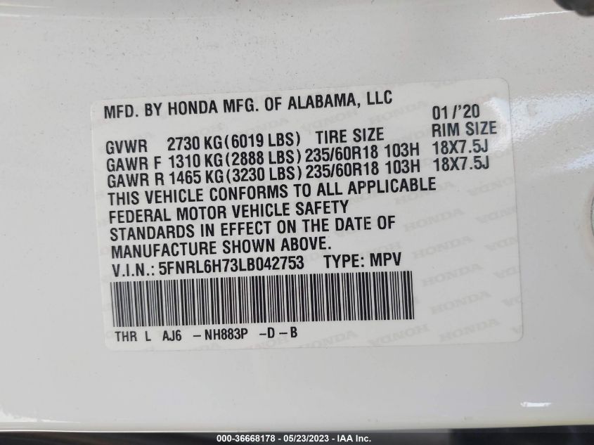 2020 HONDA ODYSSEY EX-L - 5FNRL6H73LB042753