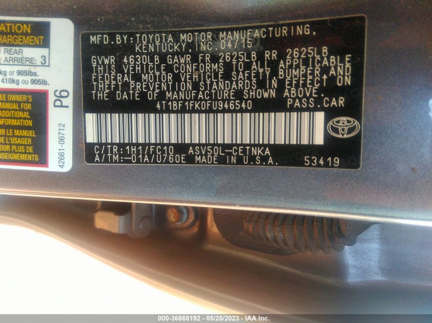 2015 TOYOTA CAMRY XLE/SE/LE/XSE - 4T1BF1FK0FU946540