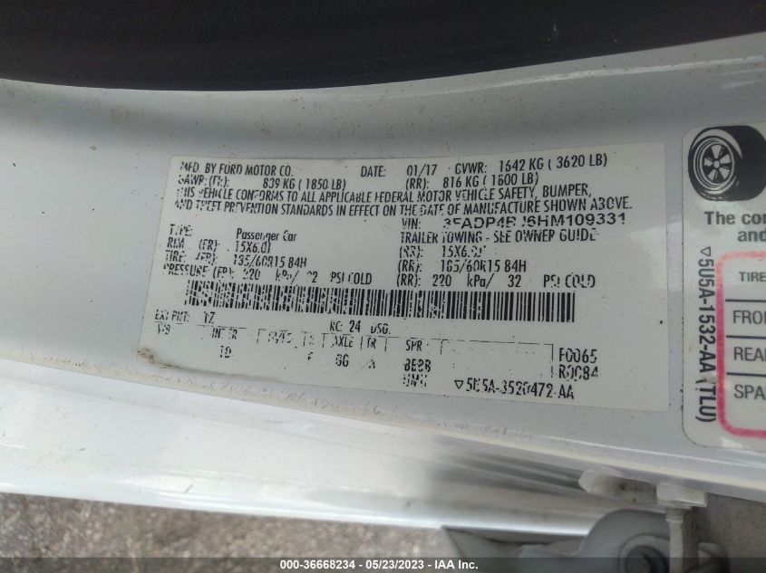 2017 FORD FIESTA SE - 3FADP4BJ6HM109331
