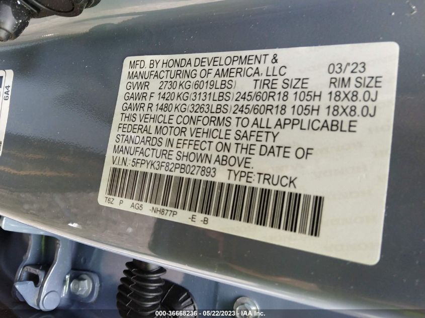2023 HONDA RIDGELINE BLACK EDITION - 5FPYK3F82PB027893