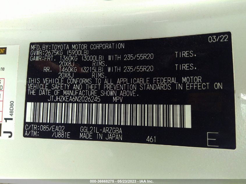 2022 LEXUS RX RX 350L - JTJHZKEA6N2026245