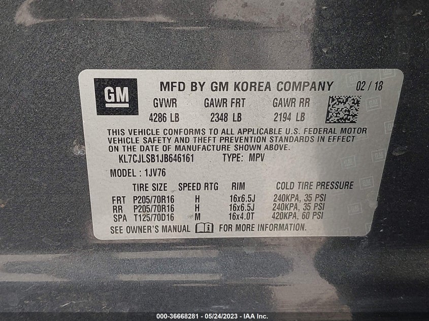 VIN KL7CJLSB1JB646161 2018 CHEVROLET TRAX LT