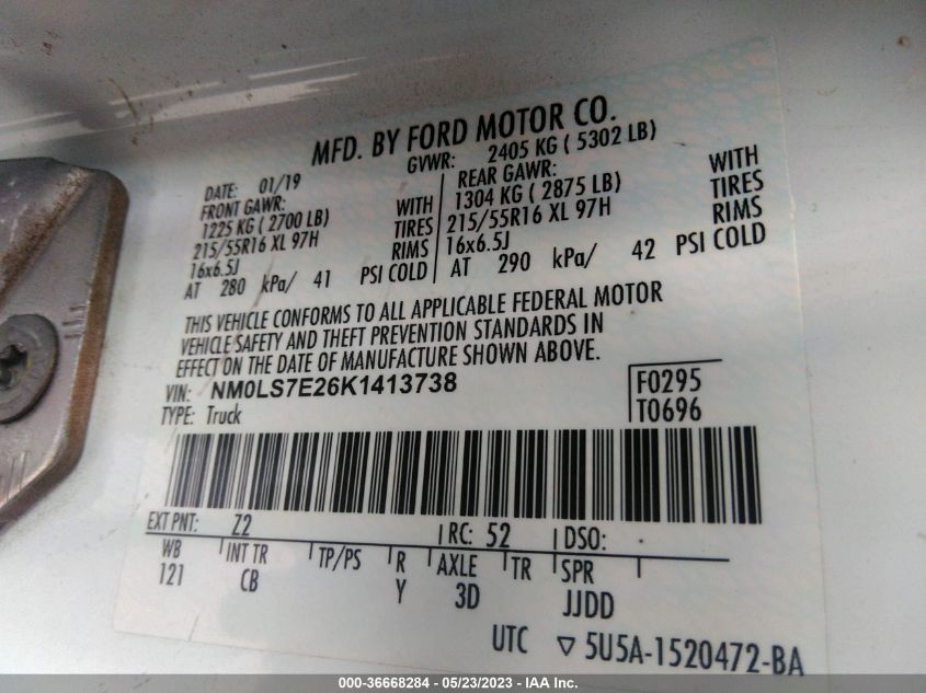 2019 FORD TRANSIT CONNECT VAN XL - NM0LS7E26K1413738