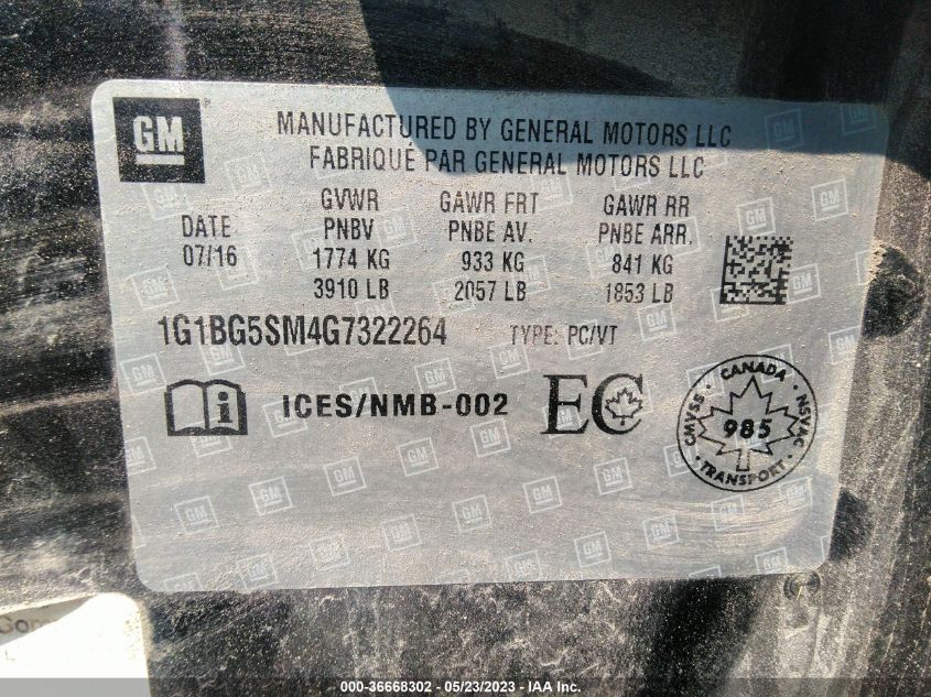 2016 CHEVROLET CRUZE PREMIER - 1G1BG5SM4G7322264