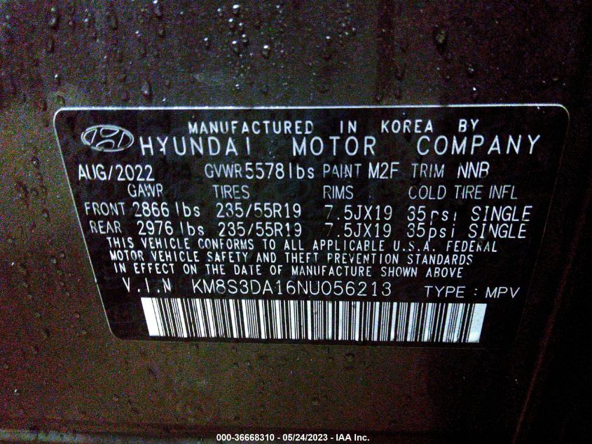 2022 HYUNDAI SANTA FE HYBRID SEL PREMIUM - KM8S3DA16NU056213