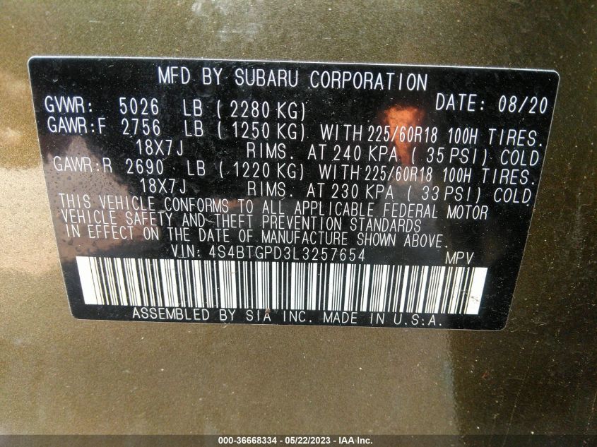 2020 SUBARU OUTBACK TOURING XT - 4S4BTGPD3L3257654