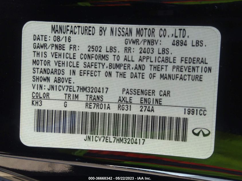 2017 INFINITI Q60 2.0T JN1CV7EL7HM320417