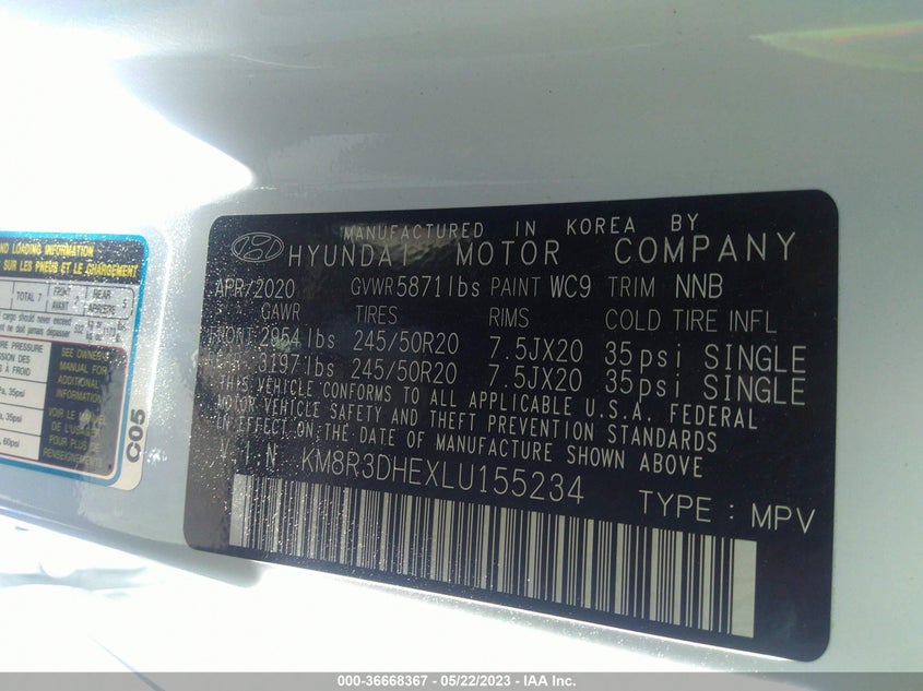 VIN KM8R3DHEXLU155234 2020 HYUNDAI PALISADE SEL