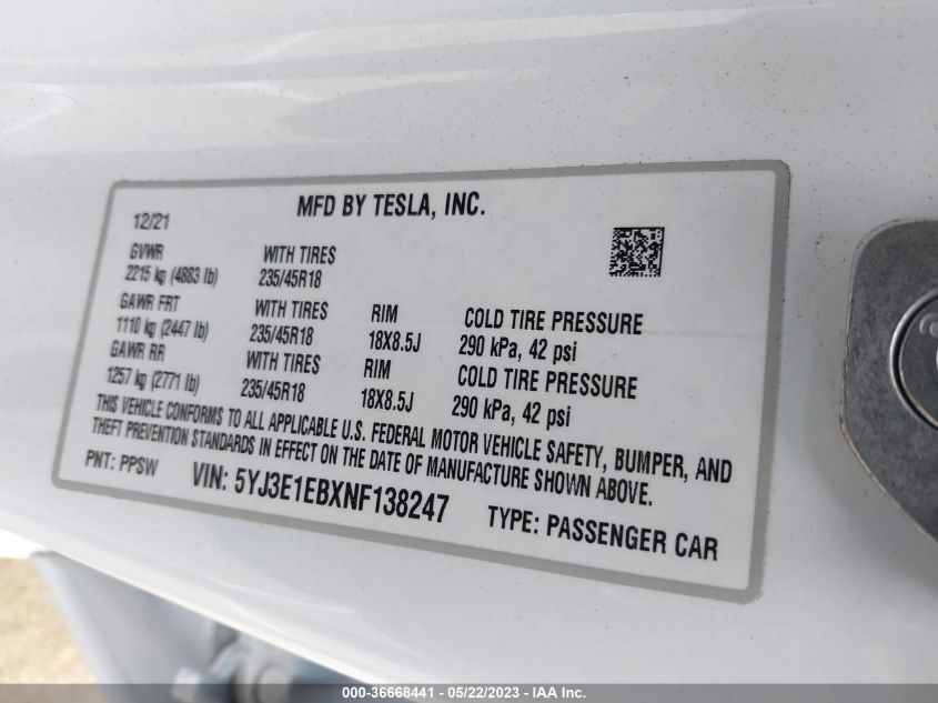 2022 TESLA MODEL 3 LONG RANGE - 5YJ3E1EBXNF138247