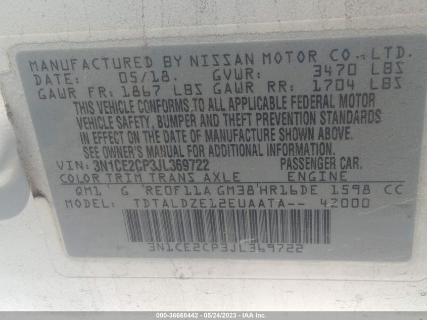 2018 NISSAN VERSA NOTE SV - 3N1CE2CP3JL369722